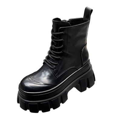 真皮松糕厚底9cm增高系带马丁靴