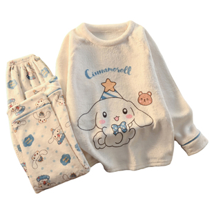 玉桂狗女童珊瑚绒睡衣秋冬薄款套装法兰绒可爱超萌女孩母女家居服