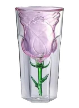 网红同款立体玫瑰花双层玻璃杯节日礼品饮料杯果汁杯创意玻璃水杯