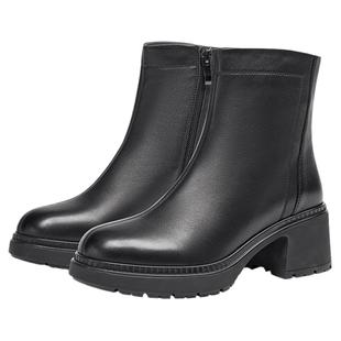 KISSCAT接吻猫新款真皮短靴通勤粗跟加绒厚底时装靴黑色靴子女