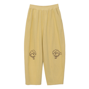 MOVEUP幻走2025冬季新款加厚裤子松紧腰趣味绣花直筒休闲裤女薄绒