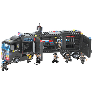 积木特警指挥车警察局儿童拼装玩具男孩组装军事警察汽车模型拼图