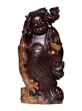 黑檀木雕大肚弥勒佛摆件佛像家用供奉大号实木根雕笑佛红木工艺品