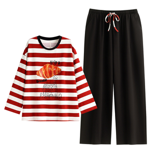 悦内带胸垫睡衣女款春秋季纯棉长袖家居服美式休闲红色条纹可外穿