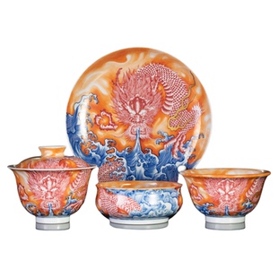 圣山景德镇手绘矾红釉里红龙吸水盖碗中式手工陶瓷茶具盖碗茶杯