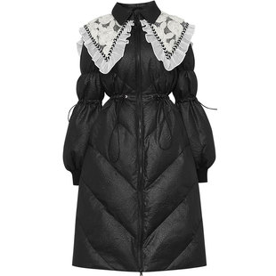 2025冬季新款时尚别致立体花朵翻领设计灯笼袖收腰中长款羽绒服