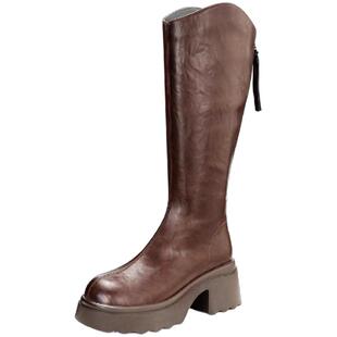 千百度2025手抓皮骑士靴防水台后拉链长靴子女靴A25500227B01B02