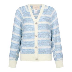 宝姿PORTSPURE女装秋冬海军风清新条纹V领纽扣装饰羊毛针织开衫