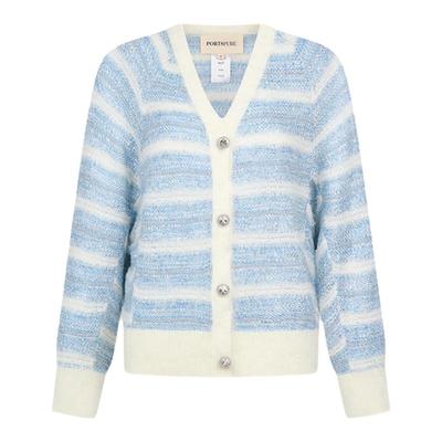 宝姿PORTSPURE女装秋冬海军风清新条纹V领纽扣装饰羊毛针织开衫