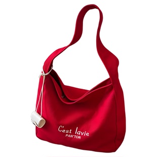 红色帆布包袋女夏2025新款大容量托特包轻便通勤单肩斜挎包带拉链