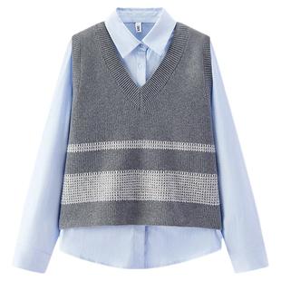 商场同款|森马长袖衬衫女冬条纹V领短背心磨毛衬衣2025新款两件套