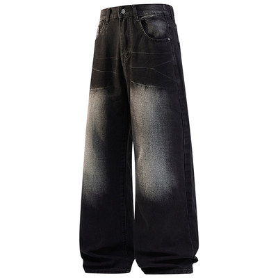 美式重磅水洗牛仔裤男款春秋季简约休闲运动阔腿裤宽松微弯刀长裤