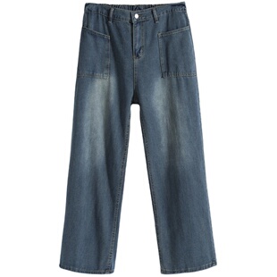 特大码女装美式复古新款牛仔裤女加绒休闲直筒裤宽松阔腿长裤裤子