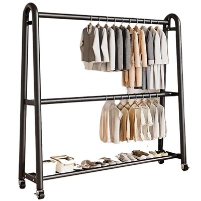 简易家用落地晾衣架服装展示架可移动带轮室内卧室挂衣架加粗加厚