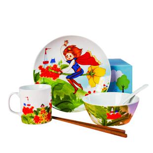 三环陶瓷儿童餐具套装吃饭碗牛奶杯子小勺面包盘筷子可爱卡通超萌