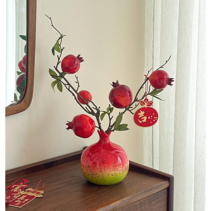 花瓶石榴陶瓷新年乔迁礼物水果新花瓶仿真高级感红色石榴摆件中式