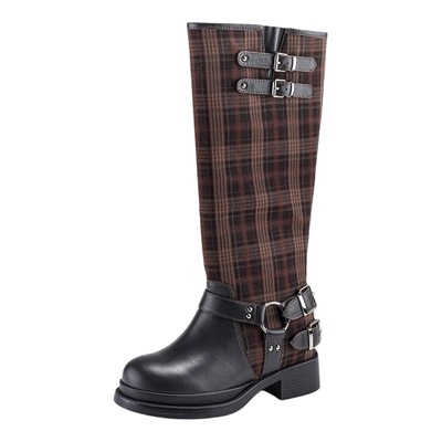 艾今26新品8cm格纹拼接加绒长靴