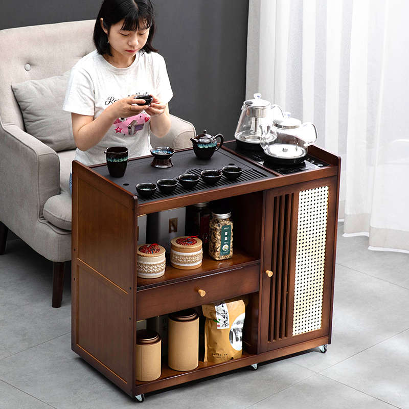 新中式移动小茶台桌家用茶车带轮煮泡茶烧水壶一体茶几客厅茶水柜