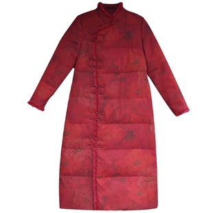 花颜 绢纺真丝香云纱羽绒服白鹅绒水貂毛中式旗袍加厚长外套冬女