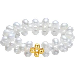 周六福黄18K淡水珍珠戒指黄金黄色金珠法式优雅送女生新年礼物