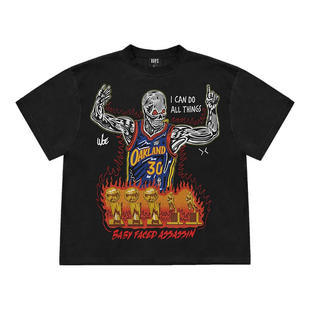 美式骷髅复古潮牌NBA金州勇士球星斯蒂芬库里篮球重磅短袖T恤男女