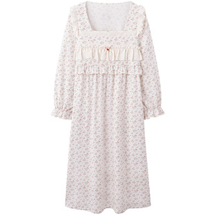 马克公主春秋纯棉碎花睡裙女款法式长袖甜美公主风漂亮睡衣连衣裙