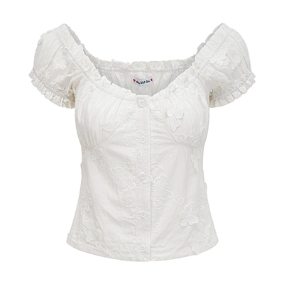 Go Girl Go 自制法式复古泡泡袖刺绣白色衬衫女夏U领短袖修身上衣