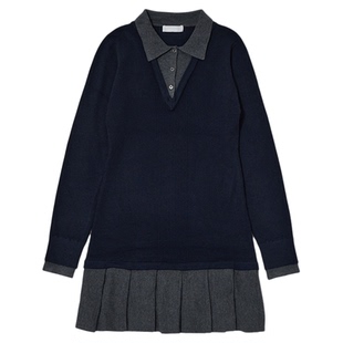 MOUSSY 秋季新品学院风撞色假两件百褶连衣裙010IA373-6971