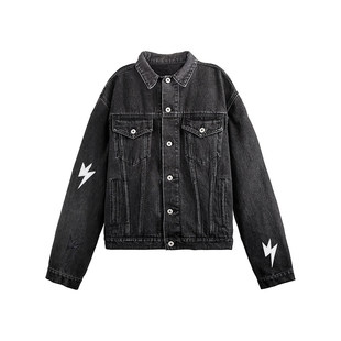 牛仔衣外套Amexnocap闪电涂鸦高盎司美式街头复古修身夹克男女款