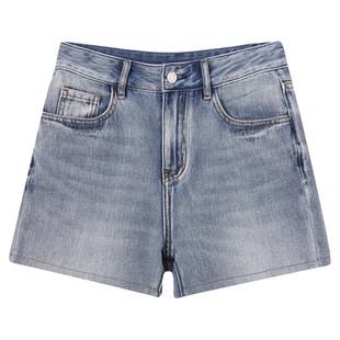 【清仓】安塔利亚 水洗破洞女中腰无弹全条喷砂牛仔短裤4229