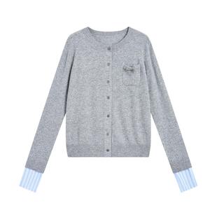 紫涵100%绵羊毛短款灰色针织开衫女秋季新款韩系简约圆领毛衣外套