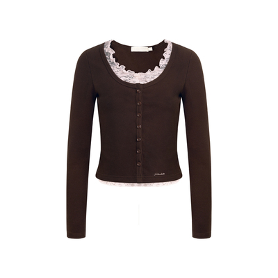 蕾丝镂空撞色拼接假两件圆领开衫