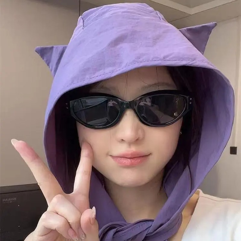 可爱小恶魔系带头巾帽女士2025新款遮阳透气速干包头绑带防晒帽子