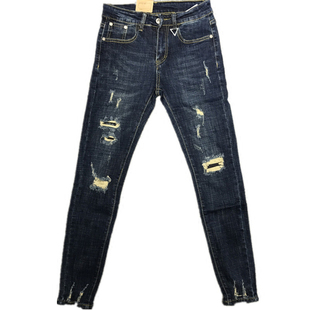 社会精神小伙快手红人网红潮男秋冬新韩修身蓝破洞小脚牛仔裤抓破