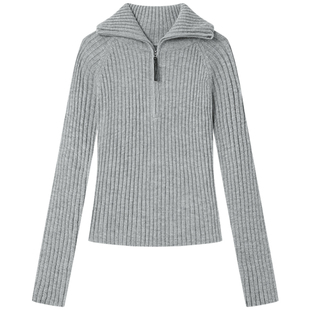 Halo Luu灰色半拉链高领针织衫女春季韩系毛衣内搭修身打底衫上衣