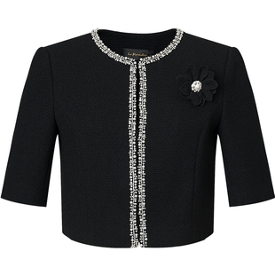 La Koradior拉珂蒂商场同款春季新款气质短袖黑色上衣圆领女外套