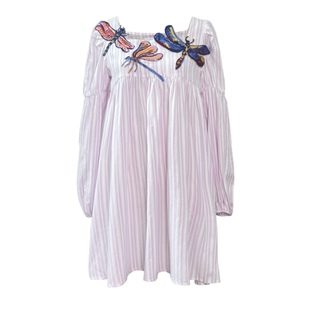 XUNRUO熏若 x ElisabethAnisimow联名明星同款蜻蜓刺绣条纹连衣裙