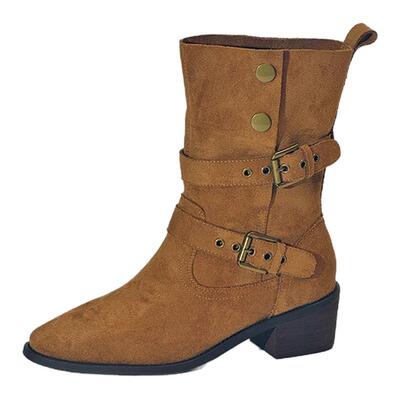 百思图冬季新款复古西部牛仔靴堆堆靴尖头粗跟女短靴BP019DZ5