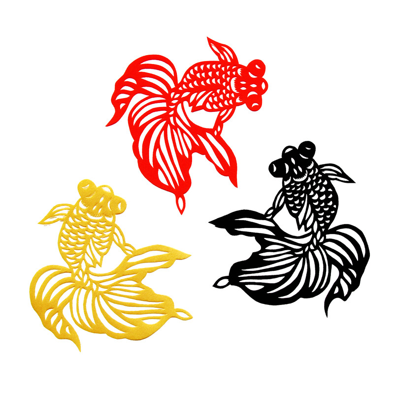 纯手工剪纸金鱼彩色剪纸窗花
