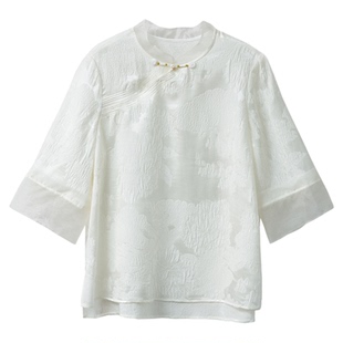 特惠 欧根纱拼接真丝提花新中式上衣桑女桑蚕丝立领斜襟国风小衫