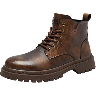 HLA/海澜之家男鞋新款春季复古耐磨牛皮高帮马丁靴侧拉链工装靴男