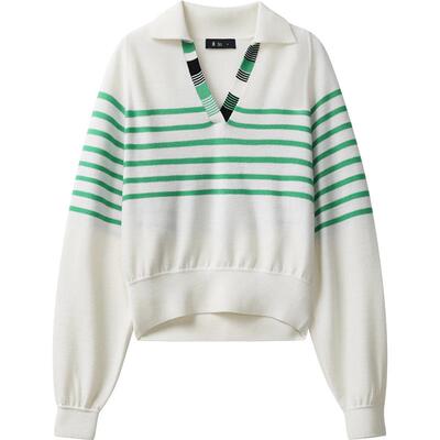 【100%羊毛】播 bo 商场同款24秋条纹翻领针织衫BDR3SD2018