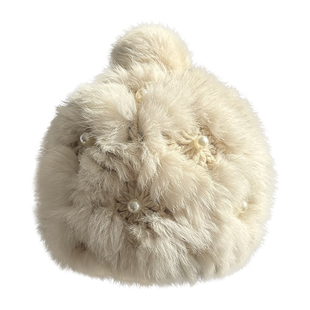 毛毛帽子秋冬真兔毛皮草帽子加厚保暖护耳帽珍珠名媛针织帽包头帽