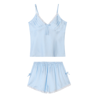 馨帮帮Homedress蕾丝V领冰丝睡衣女性感露背条纹吊带短裤家居服夏