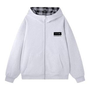 BJHG不计后果双面穿开衫连帽卫衣男款春季美式针织帽衫格纹外套女