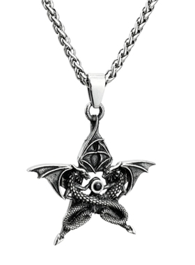 潮男钛钢哥特带翅恶龙五芒星项链