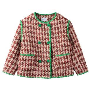 女童承运发财红千鸟格纹外套儿童冬季加棉可爱女孩时髦小香上衣