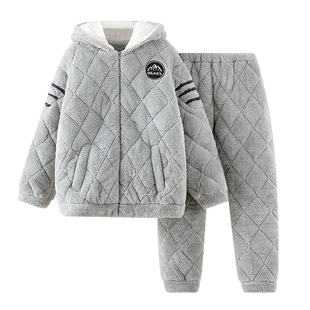 睡衣男士秋冬季三层夹棉加厚加绒保暖珊瑚绒超厚棉袄冬款家居服