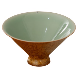 钧窑李峰手作茶叶末钛结晶双面梅子青釉粗陶青瓷窑变茶杯斗笠杯