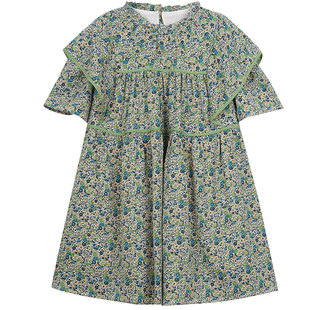 FF BLUE 乖乖的小飞袖 包边短款清新绿色碎花连衣裙宽松a字裙夏
